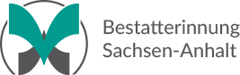 Schmetterling-förmiges Logo der Bestatterinnung Sachsen-Anhalt in türkis und grau mit Kreis darum